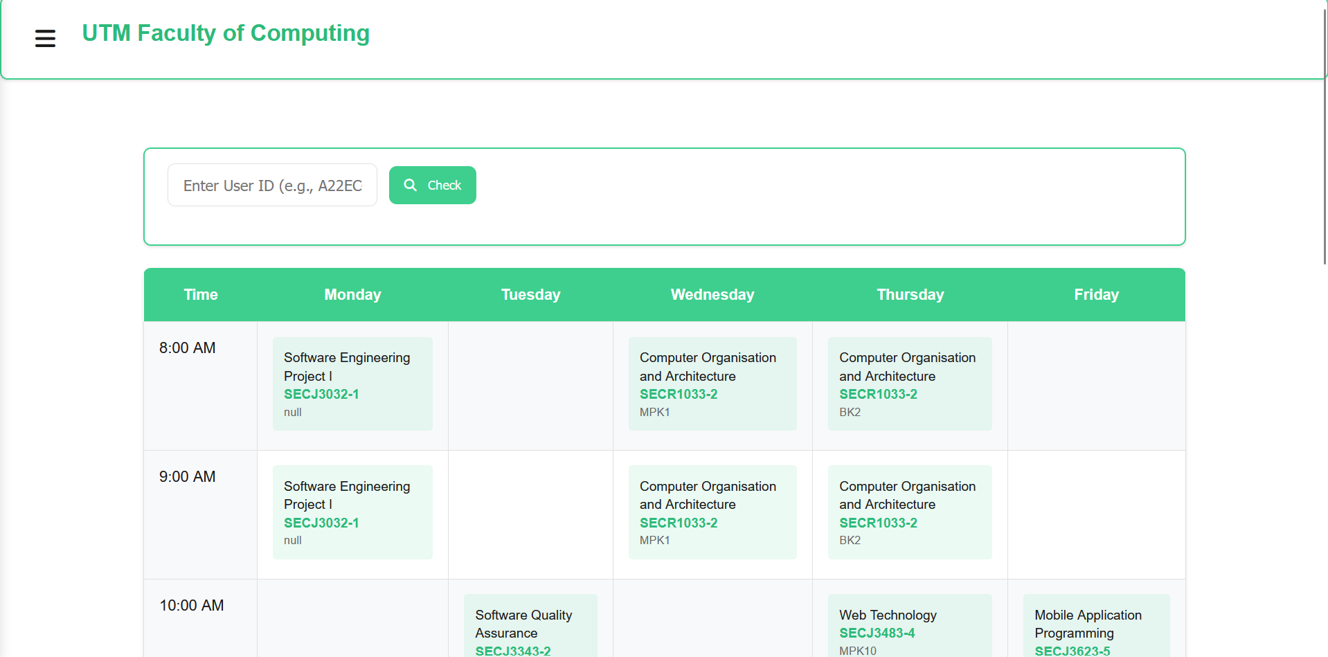 Faculty of Computing Timetable Website